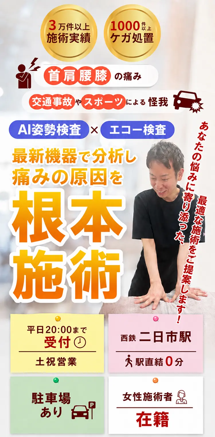 3万件以上の施術実績。1000件以上ケガ処置、首肩腰膝の痛み、交通事故やスポーツによる怪我、最新機器で分析し痛みの原因を根本施術、平日２０時まで営業、土日営業、西鉄二日市駅、駅直結0分、駐車場あり、女性施術者在籍、あなたの悩みに寄り添った、最適な施術をご提案します。