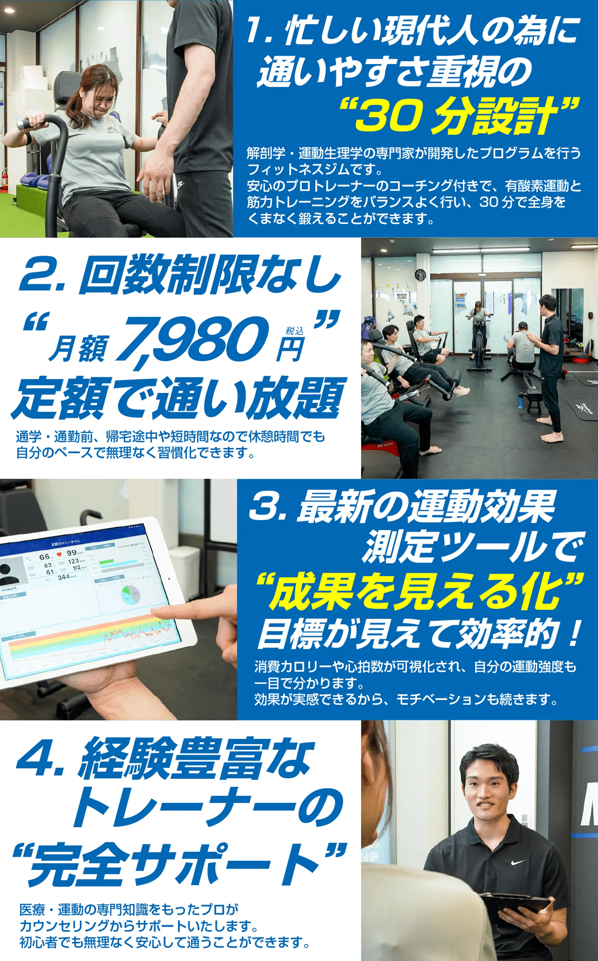 1.忙しい現代人の為に通いやすさ重視の30分設計。解剖学・運動生理学の専門家が開発したプログラムを行うフィットネスジムです。安心のプロトレーナーのコーチング付きで、有酸素運動と筋力トレーニングをバランスよく行い、30分で全身をくまなく鍛えることができます。2.回数制限なし月額7.980円(税込)定額で通い放題。通学・通勤前、帰宅途中や短時間なので休憩中でも自分のペースで無理なく習慣化できます。3.最新の運動効果測定ツールで成果がみえる化目標が見えて効率的。消費カロリーや心拍数が可視化され、自分の運動強度も一目でわかります。効果が実感できるから、モチベーションも続きます。4.経験豊富なトレーナーの完全サポート。医療・運動専門の知識をもらったプロがカウンセリングからサポートいたします。初心者でも無理なく安心して通うことができます。