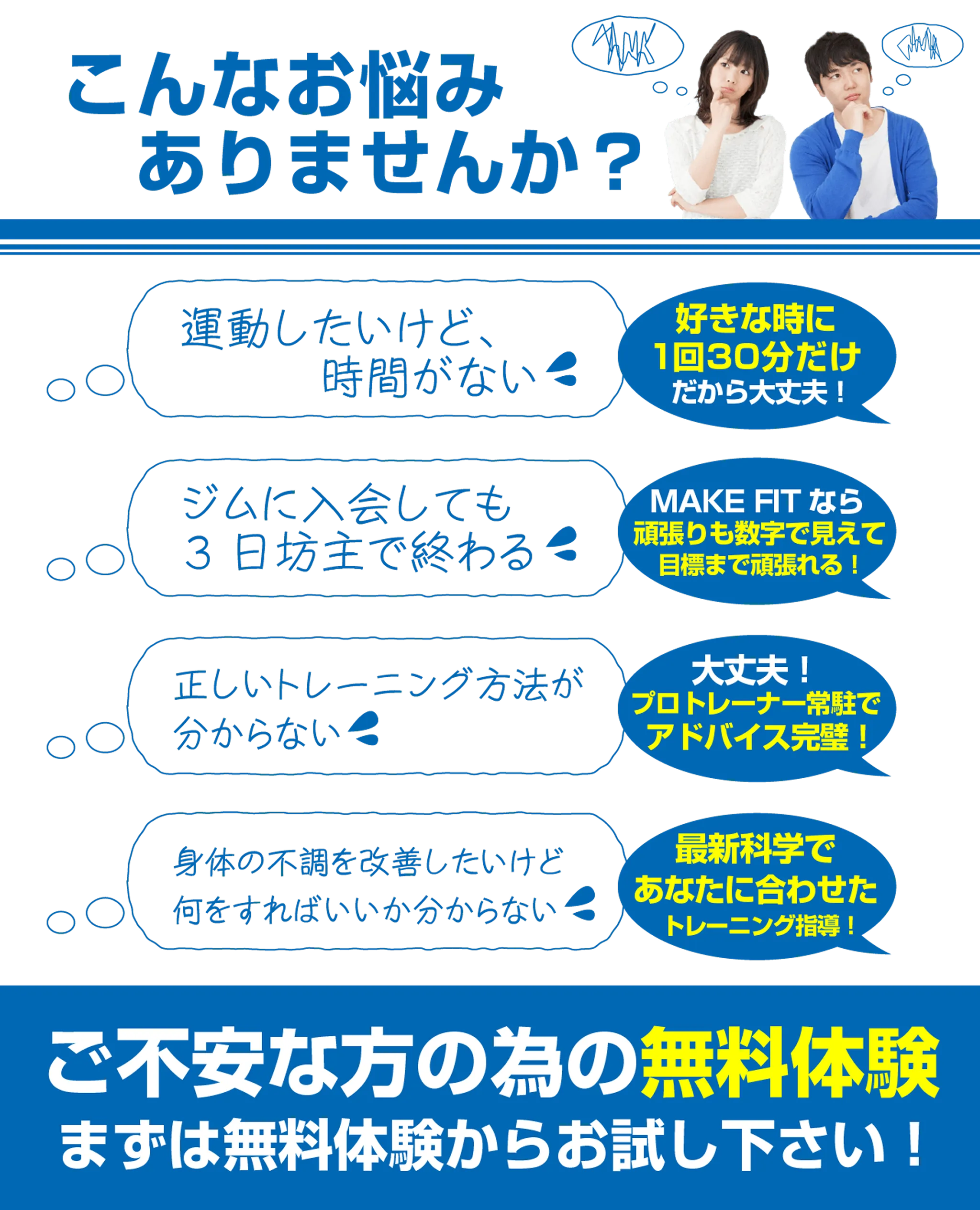 こんなお悩みありませんか？運動したいけど時間がない。好きな時に1回30分だけだから大丈夫。ジムに入会しても3日坊主で終わる。make fitなら頑張りも数字で見えて目標まで頑張れる。正しいトレーニング方法がわからない。大丈夫。プロトレーナー常駐でアドバイス完璧。身体の不調を改善したいけど何をすればいいかわからない。最新科学であなたに合わせたトレーニング指導。ご不安な方の為の無料体験まずは無料体験からお試しください。